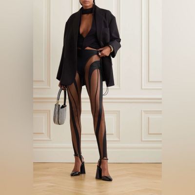 $690 Mugler Carryover stretch-jersey tulle stirrup leggings pants trousers black