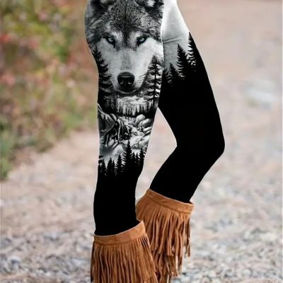 Women's Comfortable Stretchy Forest Wolf Abstract Print Black & White Leggings