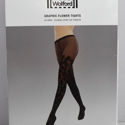 New Wolford Sz L Graphic Flower Fairly Light Black Tights Mat Pantyhose 17615