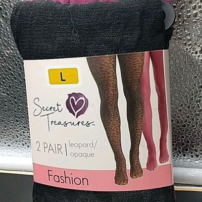 Secret Treasures Women's Wine Red Opaque & Black Leopard 2 Pack Tights Size L