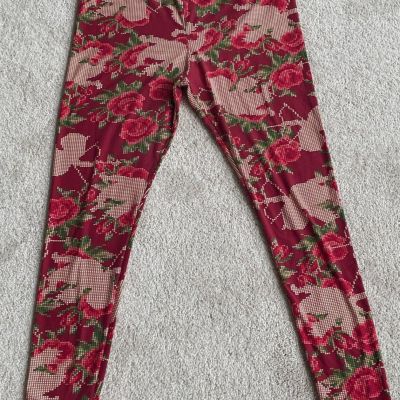 Lularoe TC Deep Red  Cross-Stitch Style Cupid, Bows & Arrows, & Roses Valentines