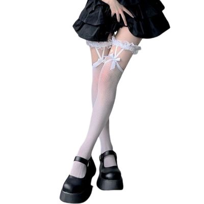 1 Pair Over-the-Knee See-through Ultra-thin Fishnet Lace Bow Women Stockings lq