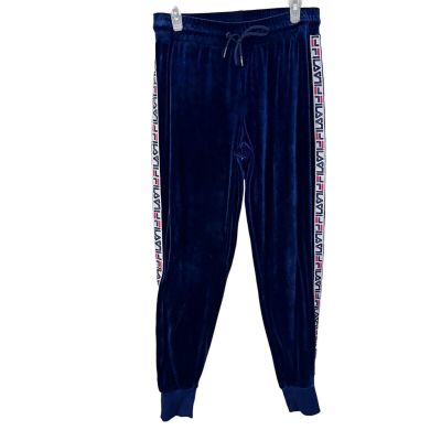 Fila Womens Size Medium Blue Velvet Joggers Spellout Side Legs