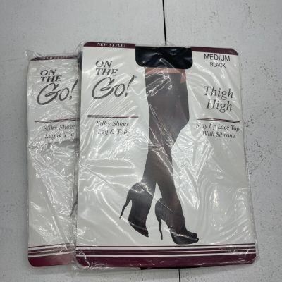 On The Go Black Silky Sheer Thigh High Lace Top Tights Women Size M Pack Of 2