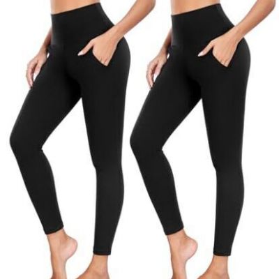 Leggings with Pockets for Women - Yoga Pants with Small-Medium Black/Black