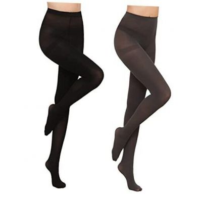 2 Pairs Semi Opaque Tights, Winter Control Top 40D Microfiber Small Black&grey