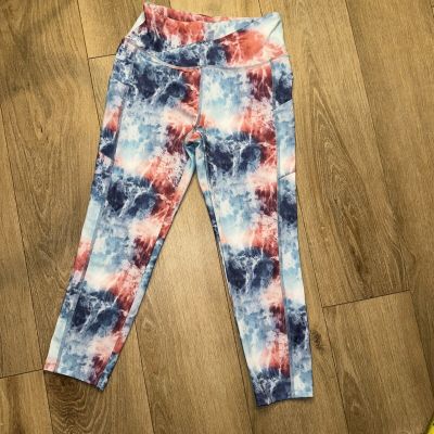 Cali Active Women’s Crop Leggings Red White Blue Tie Dye Pockets S-M