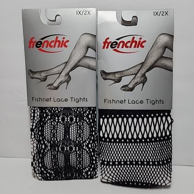 2 Pair Frenchic Black Fishnet Lace Tights Women's Plus Size Queen (1X/2X) New