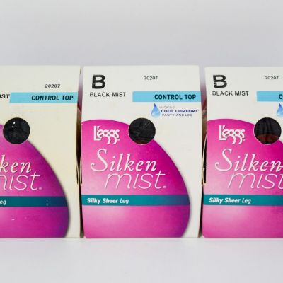 3 L'eggs Silken Mist Control Top Sheer BLACK MIST Silky Sheer Leg WickingTight B