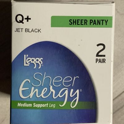 LEGGS Sheer Energy Pantyhose Medium Support 2 Pair Sz Q+ Jet Black New