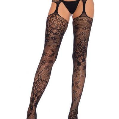 Leg Avenue - Floral Lace Stockings With Attached Waist Garterbelt