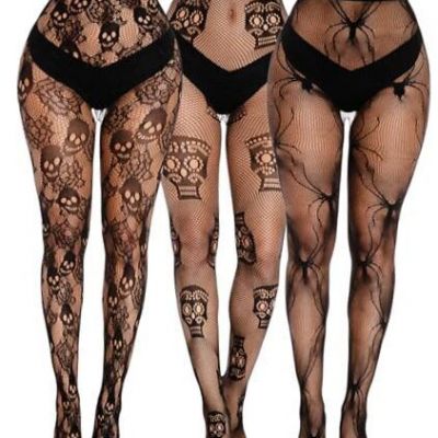 3 Pairs Patterned Fishnet Tights for Women - Black One Size Black(halloween)