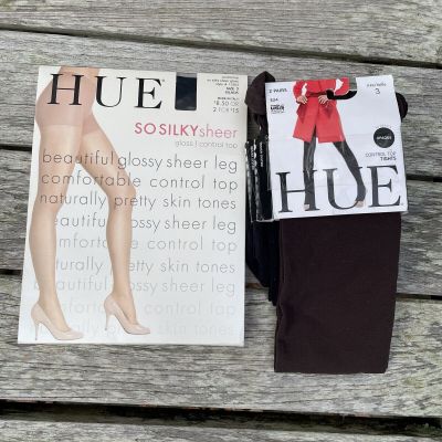 Hue Womens Size 3 Tights 2 Pairs Black Brown Opaque Control Top 40 Denier  NEW