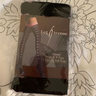 LEG AVENUE BLACK OPAQUE THIGH HI with FAUX LACE UP SIDE SEAM PATTERN - O/S