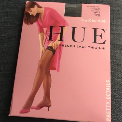 New Vintage Hue French Lace Top Thigh-Hi  Stockings sz 1 Black 5971 15 denier