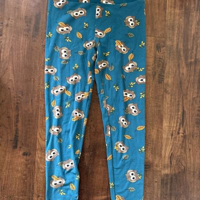 LULAROE LEGGINGS OS OWL AND LEAVES PRINT TEAL One Size