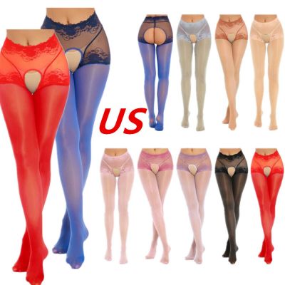 US Womens Oil Glossy Pantyhose Tights Hollow Out Suspender Stockings Hosiery