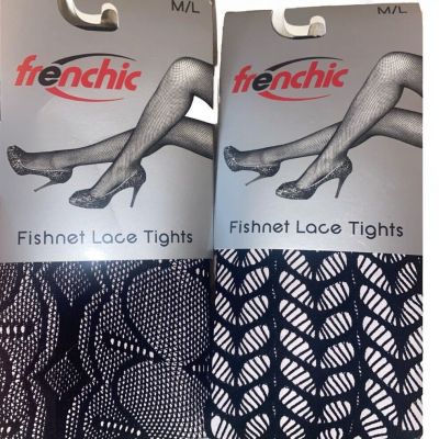 New 2 Pairs Of Frenchic Fishnet Lace Tights Black High Waist M/L 140-170 5’4-5’9