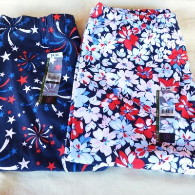 NWT 2 Pr No Boundaries Capri Leggings Size XL 15-17 Red White Blue Stars Flowers