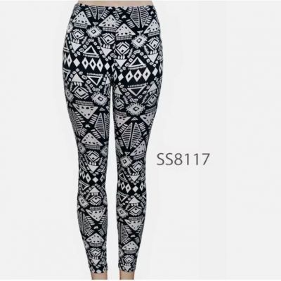 PLUS SIZE SOFT BRUSHED POLY BLACK /WHITE AZTEC TRIBAL PRINT LEGGINGS SSP8117