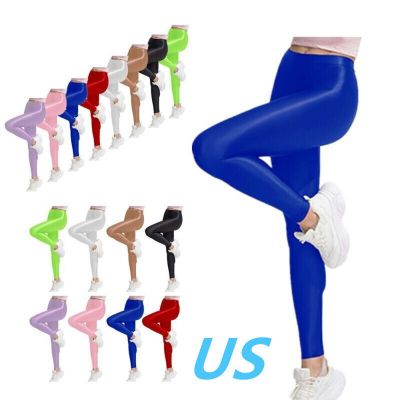 US Womens Shiny Glossy Compression Pants High Waist Yoga Tights Pants Sweatpants