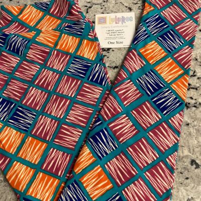 NWT LuLaRoe One Size Leggings Multicolor Squares with Teal Outline