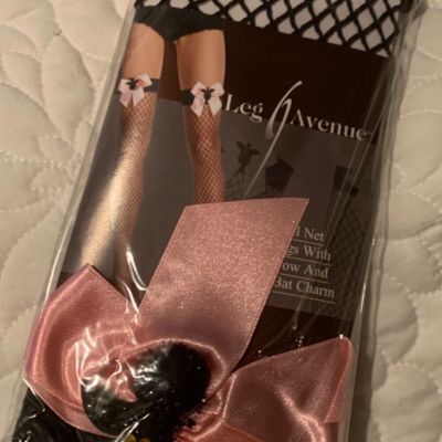 LEG AVENUE BLACK INDUSTRIAL NET STOCKINGS with SATIN BOWS & BAT CHARM-Style 9044