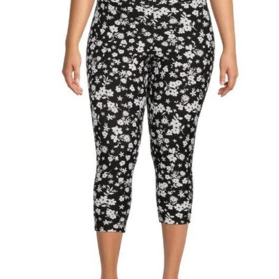 Terra & Sky Women's Printed Capri Leggings Size 3X (24W-26W) Black Ditsy Floral