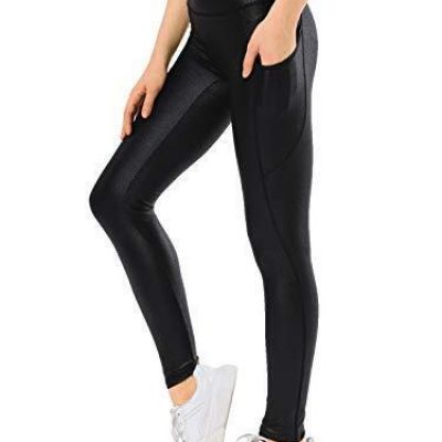 Retro Gong Faux Leather Leggings with Pockets for Women Tummy Control High