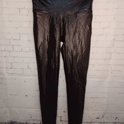 Spanx Faux Leather Croc Leggings Brown Black Shine High Rise Shapewear Sz L (B4)