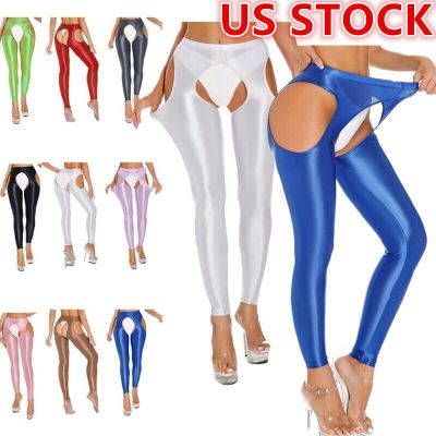 US Women Oil Glossy Crotchless Pantyhose High Waist Stockings Yoga Tights  Pants