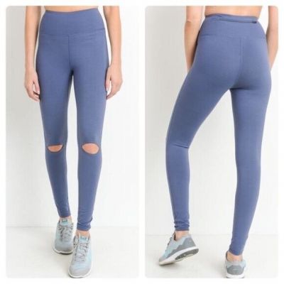 Carly Jean Los Angelos Denim Blue High Waisted Ripped Knee Athletic Leggings