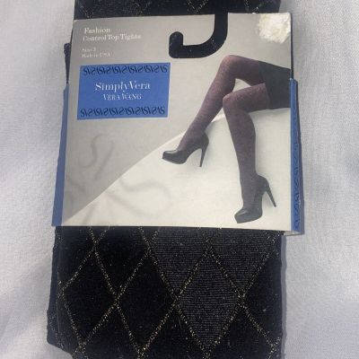 Simply Vera VERA WANG Fashion Control Top Tights Black & Gold Argyle Size 3