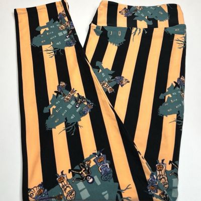 NEW LuLaRoe TC2 Leggings BLACK ORANGE  Pumpkin HAUNTED HOUSE STRIPE Halloween