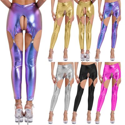 US Women Suspender Trousers Shiny Metallic Open Crotch Long Pants Glossy Tights