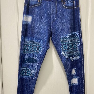 Denim Stretch Snow Day Knit Floral Distress Patch Leggings Back Pockets  Size TC