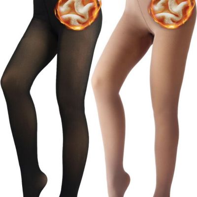 2 Pack Fleece Line Tights Sheer Winter Fake Translucent Tights Pantyhose Size S