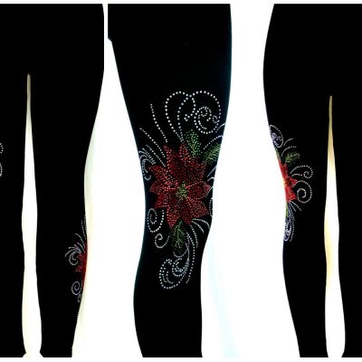 Regular One Size Yoga Style Leggings Rhinestone Christmas Red Poinsettia Swirl