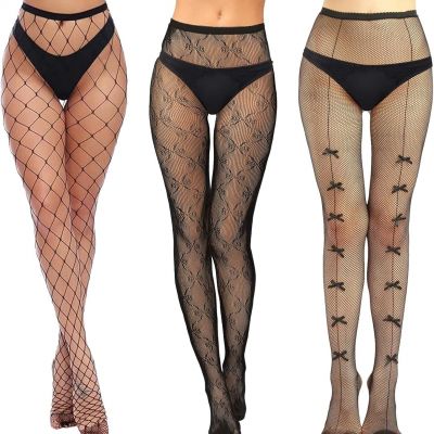 3 Pairs Patterned Fishnet Stockings High Waist Black Fishnet Tights (Size:M)