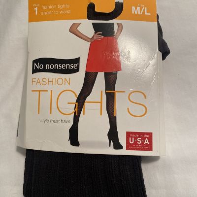 ONE Pair No Nonsense Black  M/L Footed Tights Wide Rib knit