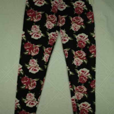 NEW Womens Leggings Plus Size 1X Soft Stretch Pants Casual Black Rose Print