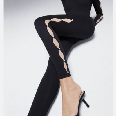 Wolford Sexy Black Linda Leggings Open Side Slit Tan & Pearl Embellishment Small