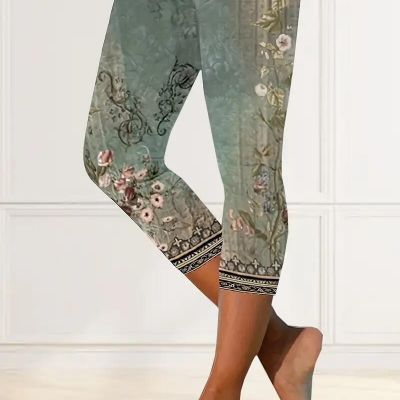 Fashion Women Floral Green Skinny Capri Leggings Casual Elastic Waist Cropped