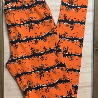 Halloween Women’s Junior’s Black Orange Graveyard Leggings, NWOT S/CH(3-5)