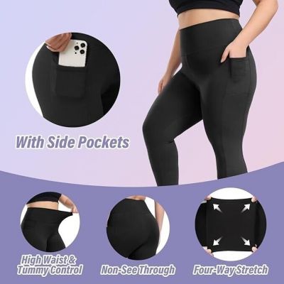 Leggings w/Pockets For Women High Waisted Capri Yoga Workout Pants XXL Black 2pc