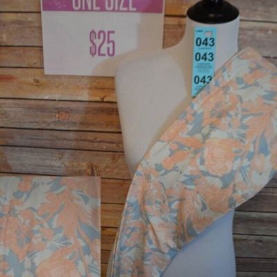 LLR One Size Leggings Peach & White Flowers on Slate Blue Background