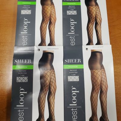 4 Pairs: Sheer Diamond Fishnet Pantyhose Control Top Jet Black *Size A* (AA1872)