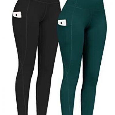 2 Pack High Waist Yoga Pants with Pockets, Tummy Small Black & Dark Green