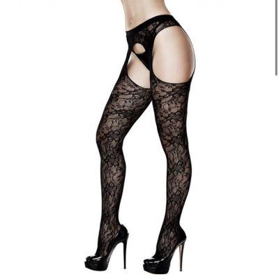 Baci Black Lace Crotchless Suspenderhose Size OS lingerie