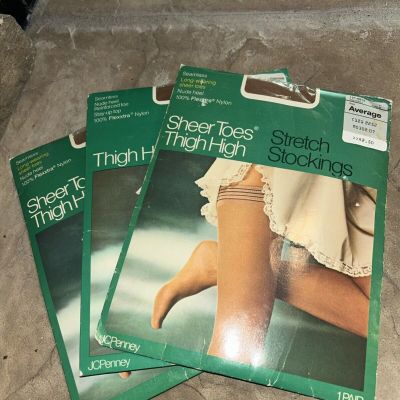 JC Penney Thigh High Stretch Stockings Seamless Suntan Sz Average 3 Pair New NOS